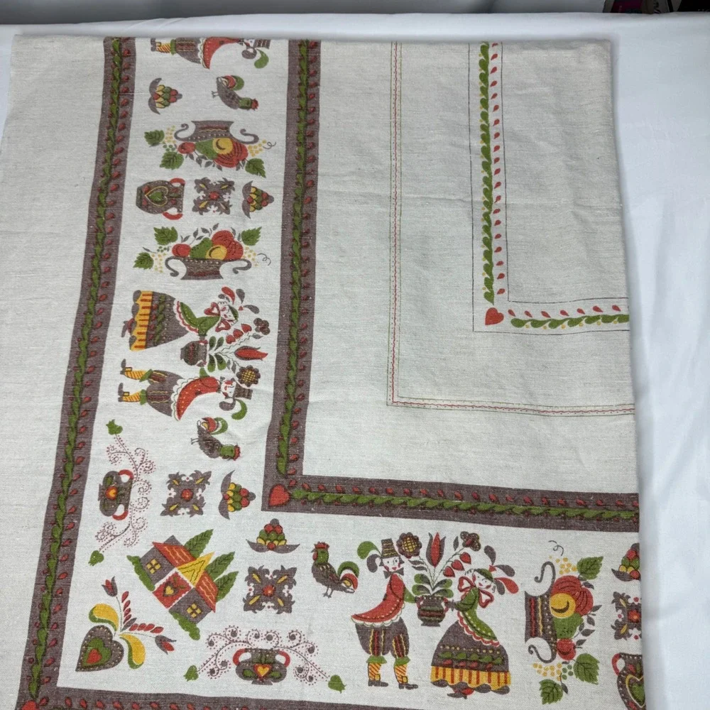 Vintage Scandinavian Folk Art Tablecloth Rectangular Linen Beige Red 63x51